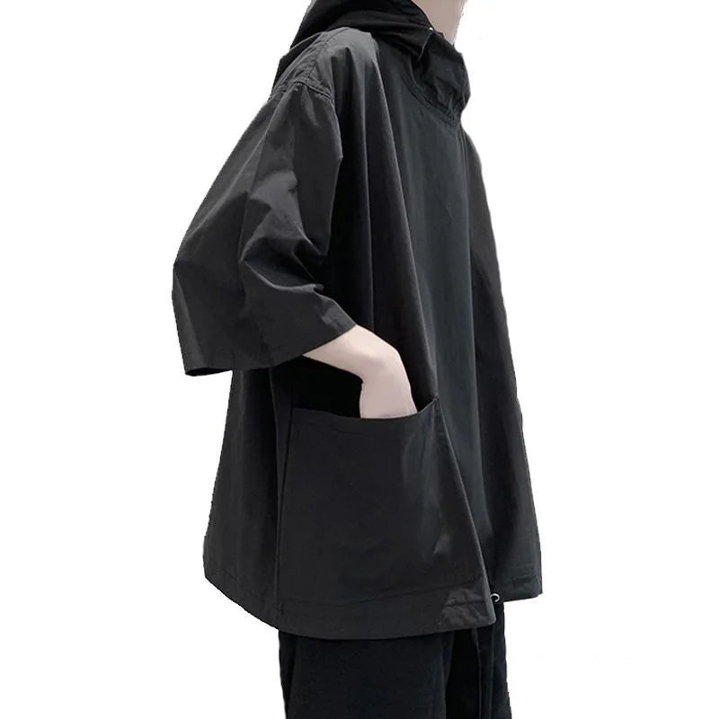 Voguable  Trendy Summer Hooded Sweatshirt Men's Harajuku Style Loose Fit Capucha Short Sleeves T-shirt Thin Jacket Five Minute Sleeves voguable