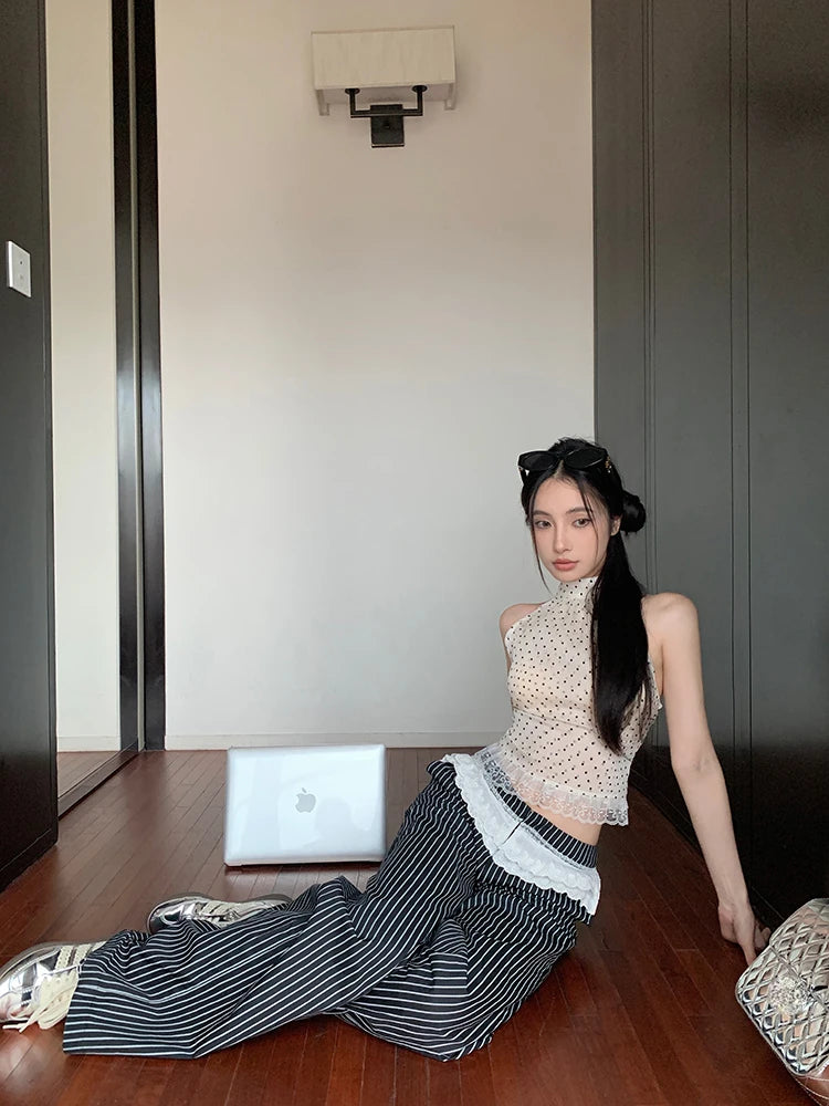 Voguable 2024 Summer New Streetwear Polka Dot Lace Patchwork Sexy Camisole Women + Contrast Color Striped Wide Leg Pants Two-piece Suit voguable