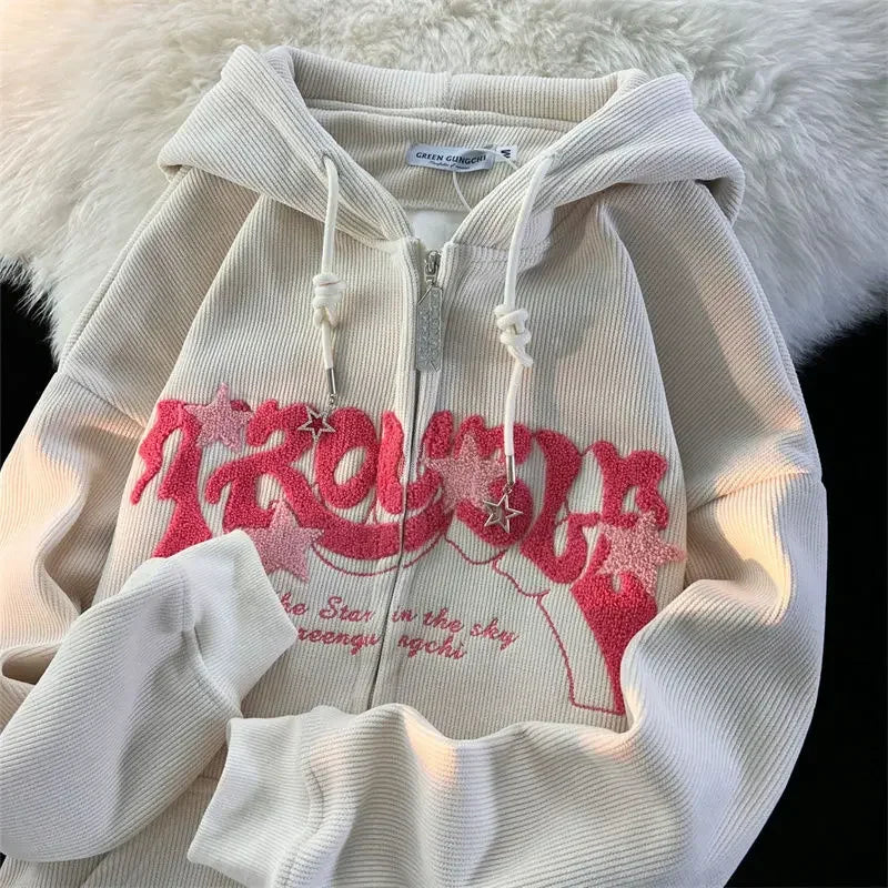 Y2K Letter Embroidered Hoodie Women Autumn Winter Vintage Zip Up Oversized Sweatshirt Harajuku Long Sleeve Hooded Jacket Clothes