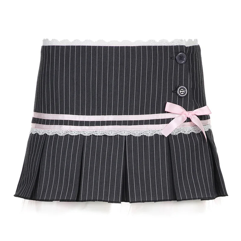 TARUXY Lace Splice Mini Skirts For Women Bow Bandage Fashion Folds Skirt Hot Girls Winter Casual Lace-up High Waist Skirt Ladies voguable