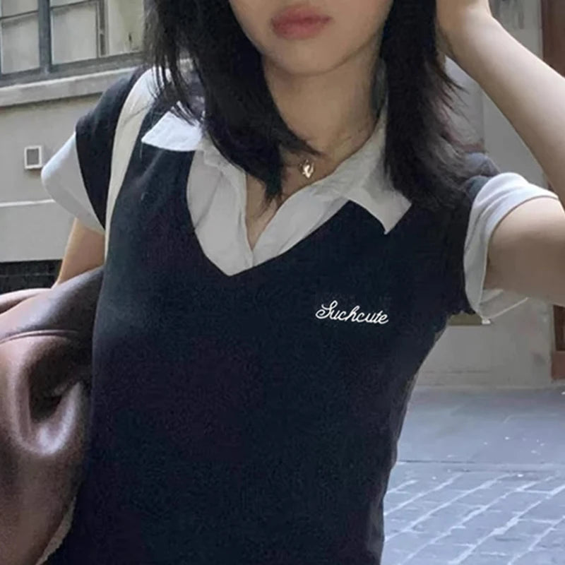 Voguable Korean Style Contrast Patchwork Top Women's Summer Preppy Style Slim-fitting Turn-down Short Sleeve T-shirts Streetwear voguable