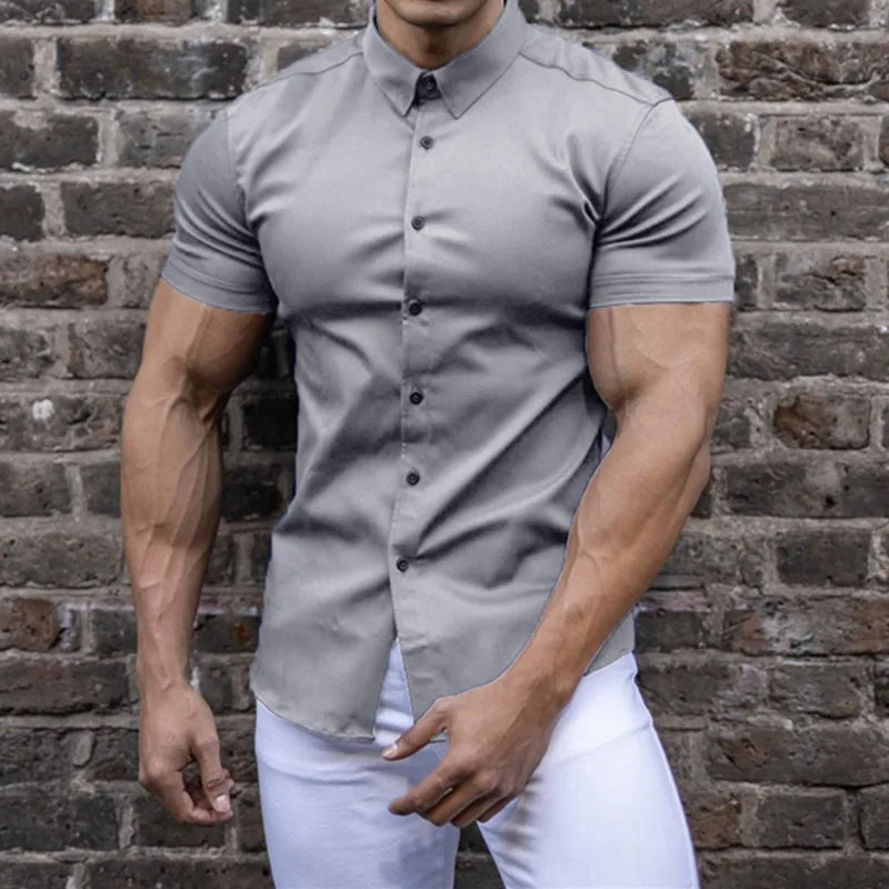 Voguable  Fashion Gym Muscle Polo Neck Short Sleeve Shirts Men Elasticity Thin Solid Sport Casual Cardigan Business Shirts Male Blouses voguable