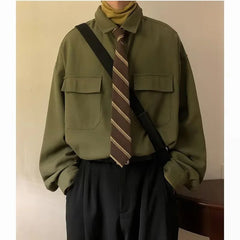 Autumn Green Black Shirt Men Fashion Social Mens Dress Shirt Korean Loose Long Sleeve Shirts Mens Pocket Tooling Shirt M-3XL voguable