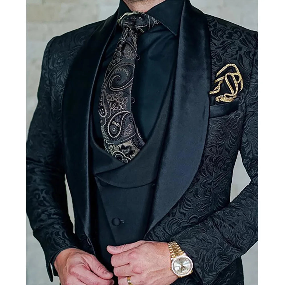 Tailor-Made Burgundy Wedding Men Suits Slim Fit Tuxedo 3 Pieces Suits Groom Prom Jacquard Blazer Terno Masculino Suits voguable