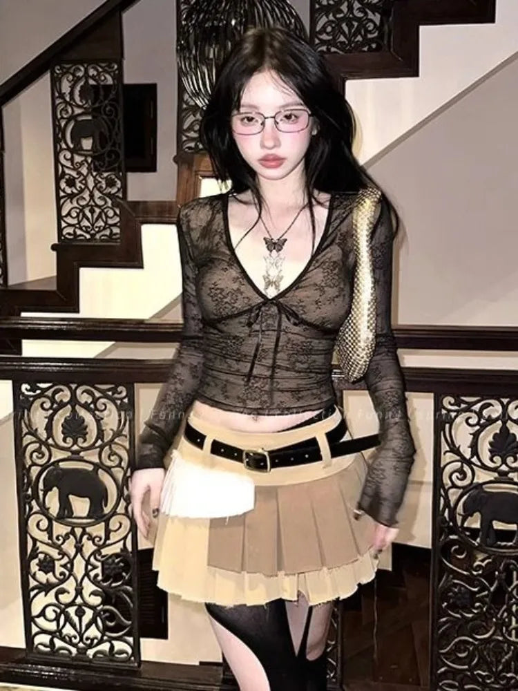 Deeptown Coquette Aesthetic Mesh T Shirts Women Vintage V Neck Lace Bow Cropped Tops Y2k Sexy Slim Fit Long Sleeve Tee Shirts voguable