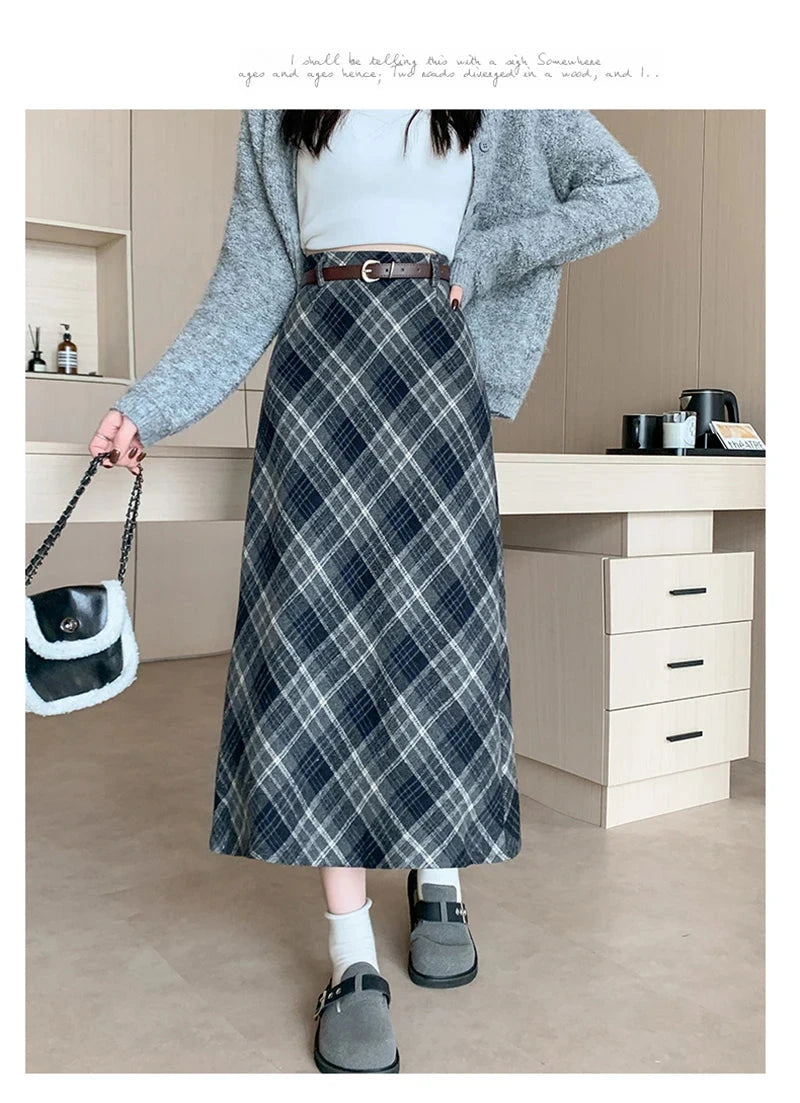 Faux Woolen Plaid Long Skirt Women Vintage Slim High Waist Back Slit Belt Skirts Korean Fall Winter Elegant Long Skirts New voguable