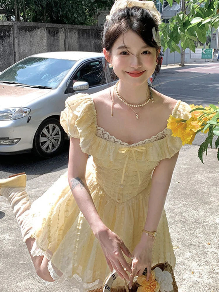 Sweet Sexy Slim Yellow Dress Women Fashion Lace Patchwork Cute Mini Dress Chic Square Collar Puffy Sleeve Elegant Vestidos voguable