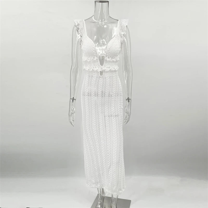 TARUXY Deep V Neck Sexy Dresses Women Sleeveless See Through High Waist Long Cover Up Dress Femme Holiday Knitted Beach Dress voguable