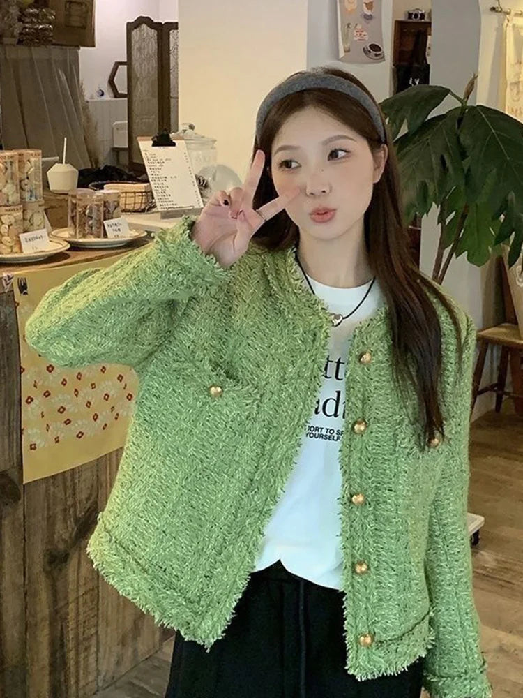 Sweet Green Tweed Jackets Women Vintage Long Sleeve Casual Coat Korean O Neck Fall Winter Retro All Match Elegant Outwear Tops voguable