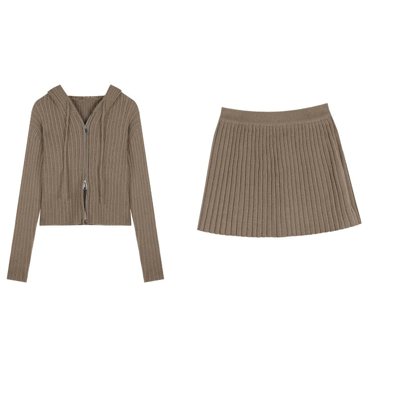 Voguable Korean Fashion Women 2 Piece Set Casual Zipper Sweater Blouse + Elegant Slim Mini Skirt Party Pure Color Clothing Autumn voguable