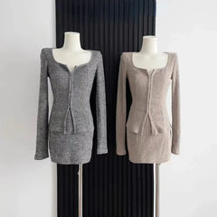 Voguable  Autumn Sexy 2 Piece Dress Set Elegan Casual Long Sleeve Knitted Suits Y2k Crop Tops + Bodycon High Waist Mini Skirt Korean voguable