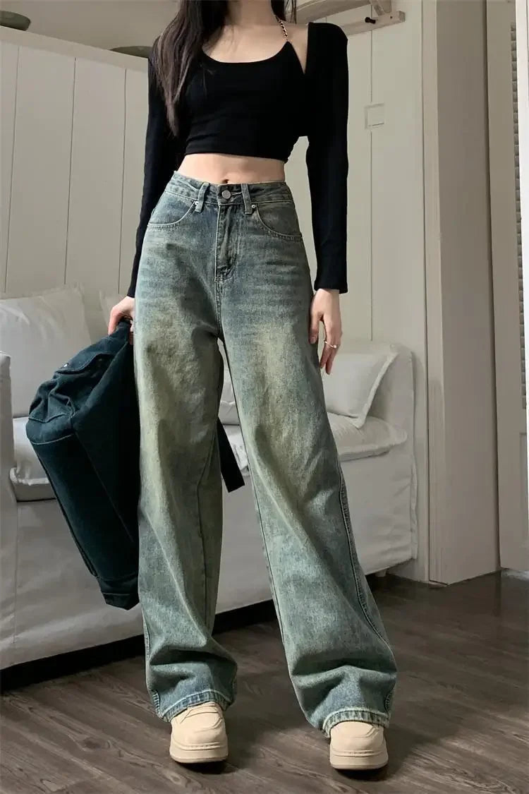 Vintage High-waisted Slimming Jeans American Style Casual Bell Bottoms Versatile Straight-leg Long Pants For Women voguable