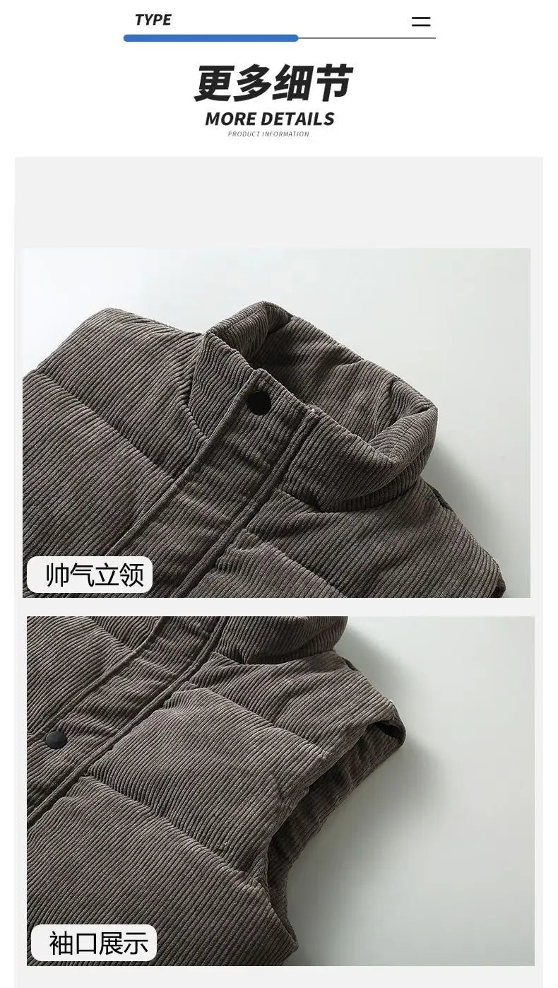 Vests Jacket Men Autumn Winter Stand Collar Warm Sleeveless Leisure Down Cotton-Padded Vest Coat Thickened Corduroy Warm Coat voguable