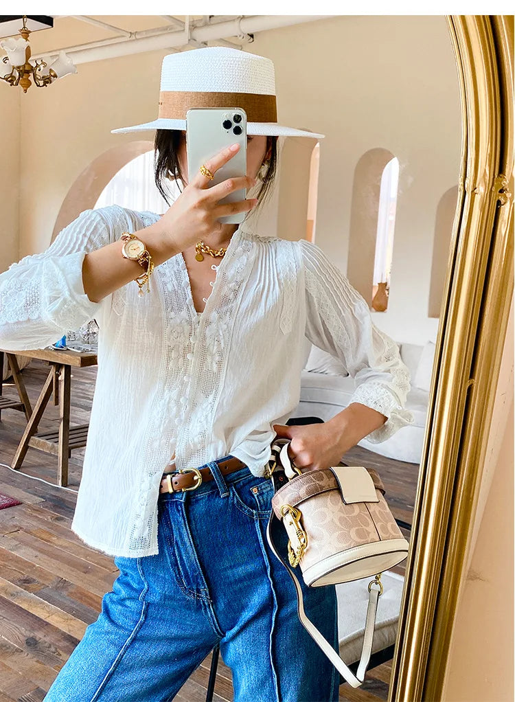 Elegant Chic Blouse Shirt White Lace Patchwork Spring Women Blouse Long Sleeve Hollow Out Boho Sexy Ladies Top Shirt voguable