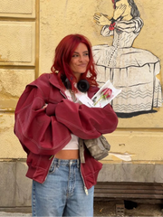 Women Wine Red Zipper Leather Jacket Casual Long Sleeve Lapel Cropped Coat Vintage Autumn Fashion Outerwear voguable