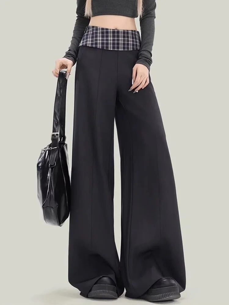 Plaid Patchwork Suit Pant Women Vintage Casual Korean High Waist Trouser Autumn Retro Loose Elegant Black Wide Leg Pant New voguable
