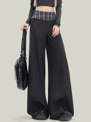 Plaid Patchwork Suit Pant Women Vintage Casual Korean High Waist Trouser Autumn Retro Loose Elegant Black Wide Leg Pant New voguable