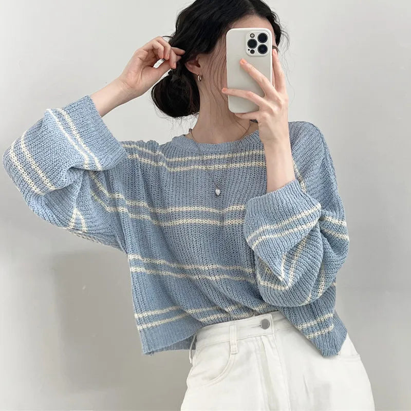 Pullover Women Striped Knit Sweater Comfy Lightweight Long Sleeve Crew Neck Jumper Female Teen-girl Casual Daily Outfit voguable