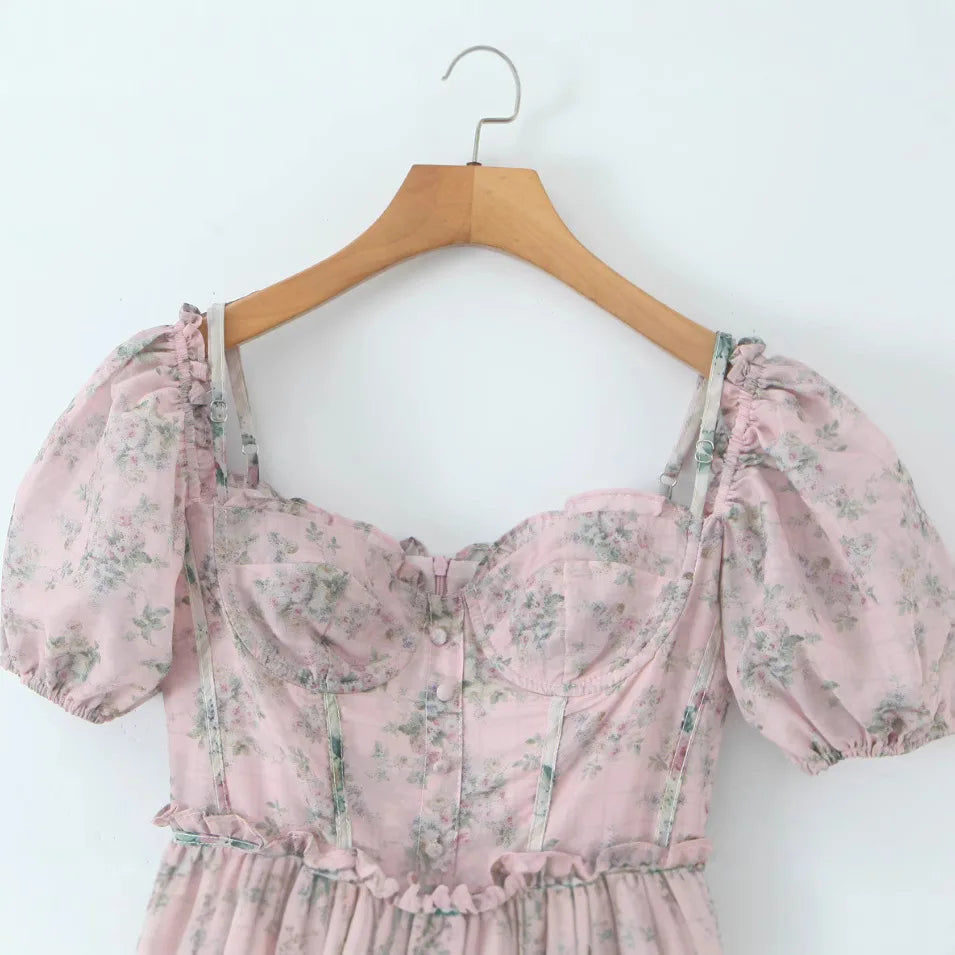 Fashion Pink Floral Contrast Color Dress Women's Square Collar Slim Fir Lace Up Waist Mid-calf Dresses Summer New 3A109 voguable