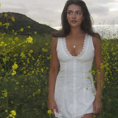 European And American Sexy Hollow Out Embroidered Dress Women V Neck Sleeveless A-line Mini White Dresses Summer Robe voguable