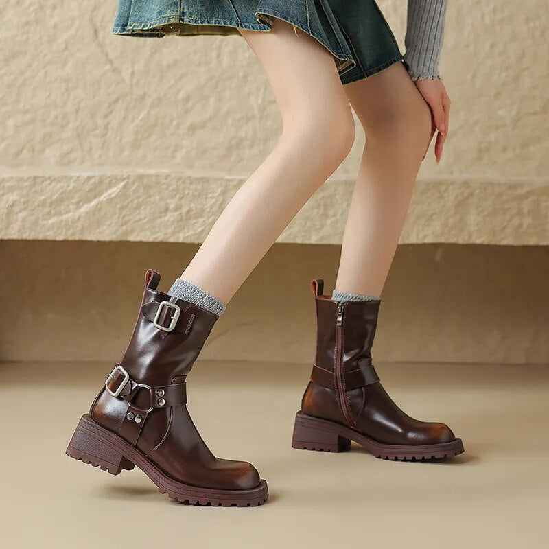 Women Shoes Genuine Leather Ankle Boots Fashion Buckles Design Thick Heels New Winter High-heel Shoes Woman Platform Boots voguable