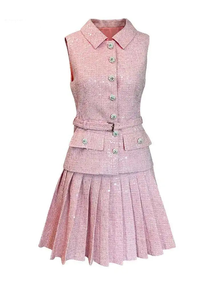 Women's Tweed Sequins Spliced 2 Pcs Set  Lapel Lace-up Sleeveless Belt Coat Pleated Mini Skirts Set 2025 New Tide voguable