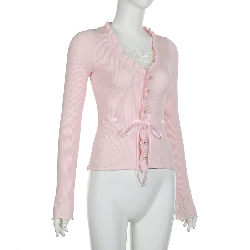 Fairycore Clothing Top y2k Women Ruffle Lace Patchwork Long Sleeve Knitted T Shirt 2000s Coquette Clothes Streetwear voguable