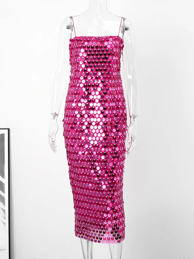 Sequined Tube Top Strap Dress Women Sexy Sleeveless Slim Solid Straight Long Vestidos Fashion Backless Slip Split Evening Robe voguable