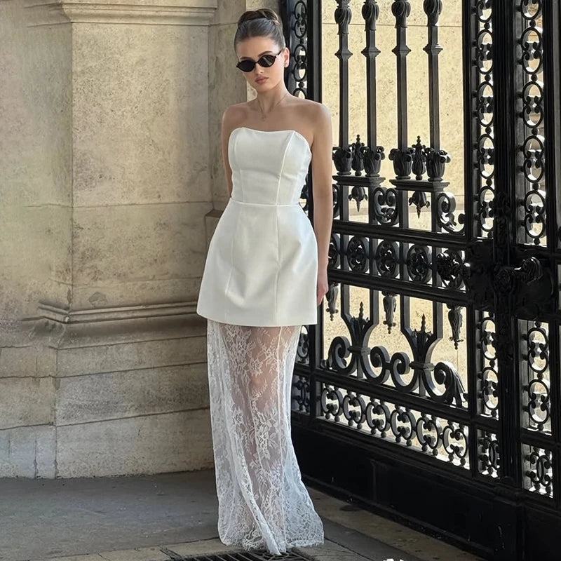 Tornova Strapless Lace Dress Sets Female Elegant Sexy Strap Vest High Waist Splice Long Skirt Ladies Slim Banquet 2 Pieces Set voguable