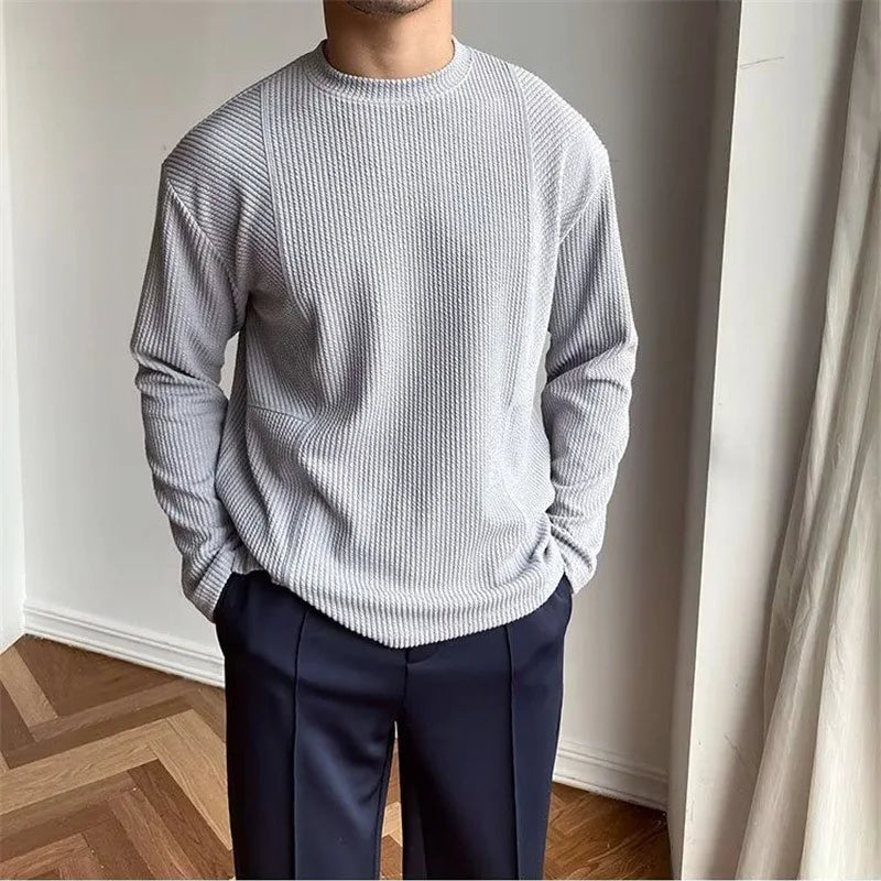 Voguable  Spring Autumn Casual Fashion Solid Loose T-shirt Man Long Sleeve All Match Korean Style Patchwork Pullover Tops Tee Male Clothes voguable