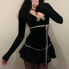 Voguable  Y2K Contrast Color Lace Patchwork Top Women Autumn Spring Ribbon Lace-up Bow Coquette T-shirts Cute Causal Basics Tees voguable