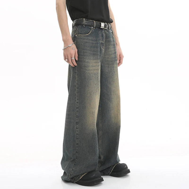 Voguable Old Male Pants Summer Blue Washed Men Denim Jeans Straight Casual Menwear Loose Wide Leg Trousers 2024 New Fashion voguable