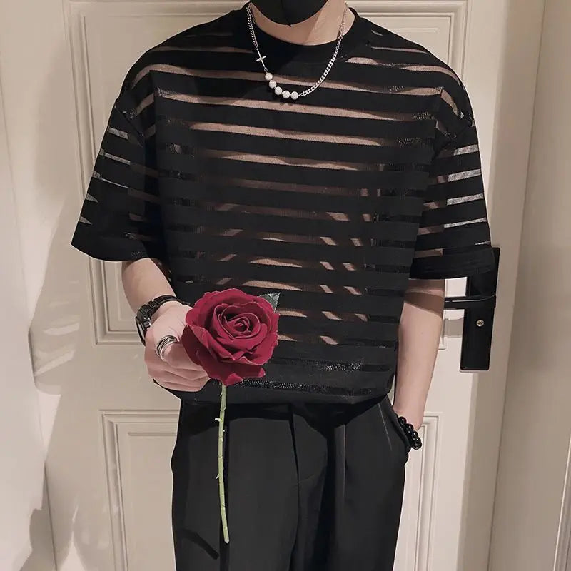Voguable  Korean New Men's Clothing Fashion Hollow Out Striped Tops Man Comfortable Breathable Lace Thin Style T-shirt voguable