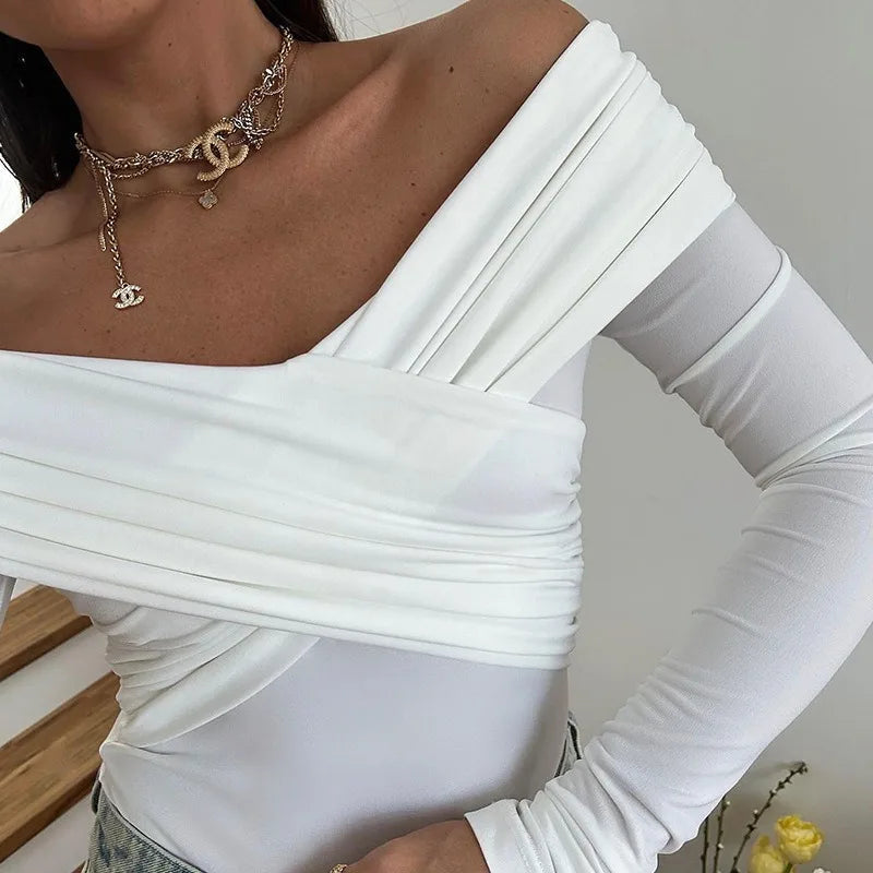 Red Sexy Off Shoulder Women's Bodysuits Fashion Crossed Folds Skinny Rompers Long Sleeve Fashion Streetwear Autumn Bodysuits New voguable
