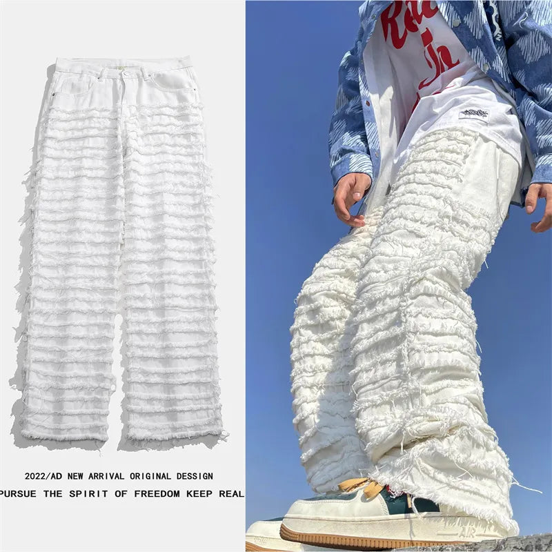 White Hip Hop Jeans Striped Tassel Frayed Straight Baggy Jeans Pants Harajuku Male Female Solid Streetwear Casual Denim Trousers voguable