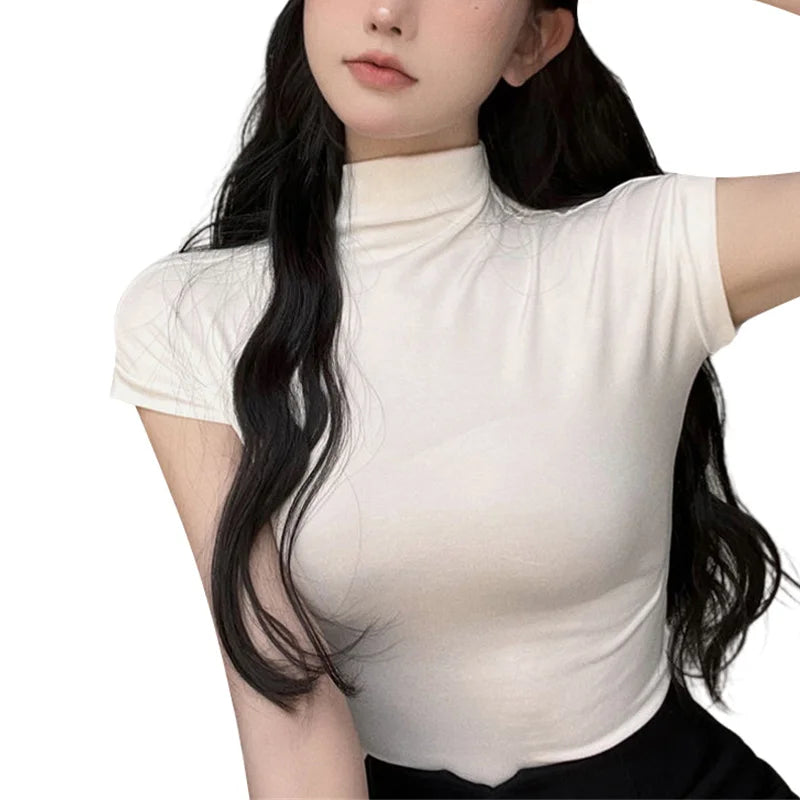 y2k Crop Tops Women Summer Vest Solid Color Mock Neck Sleeveless Stretchy T Shirts 2000s Aesthetic Clothing Streetwear voguable