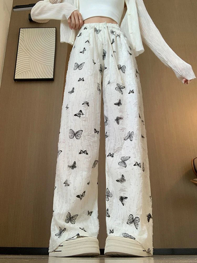 High Waist Wide Leg Pants Women Summer Loose Butterfly Print Female Casual Pants Y2K Korean Drawstring Floor Length Trousers voguable