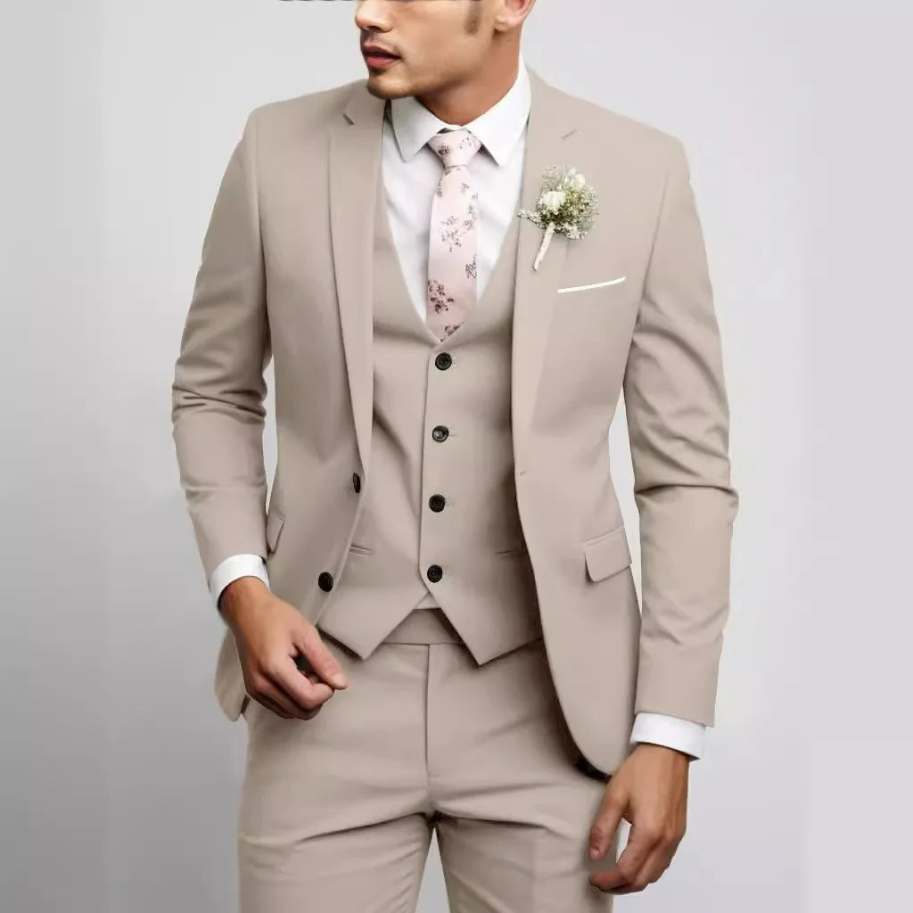 Voguable  3 Pieces Suit Fashionable and Formal Gentle Trend Solid Color Men's Business Casual Fit Wedding Host Gentle Suit voguable