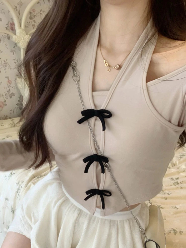 Voguable Coqutte Off The Shoulder Tops Fake 2pcs Hotsweet Solid Color Collar Halter Kpop Slim T Shirt Long Sleeve Basic Shirts. voguable