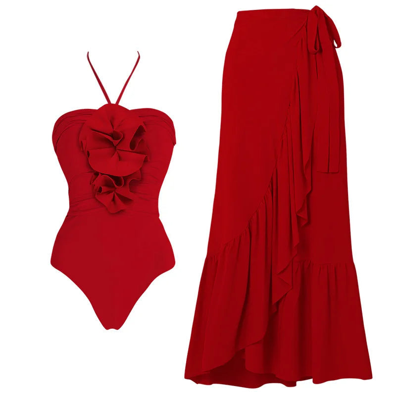 Red Flower One Piece Swimwear With Cover Up Trend Swimsuit 2025 Sexy Biquini Luxury Woman Swimsuit Beach Outing Bodysuit Bathsui voguable