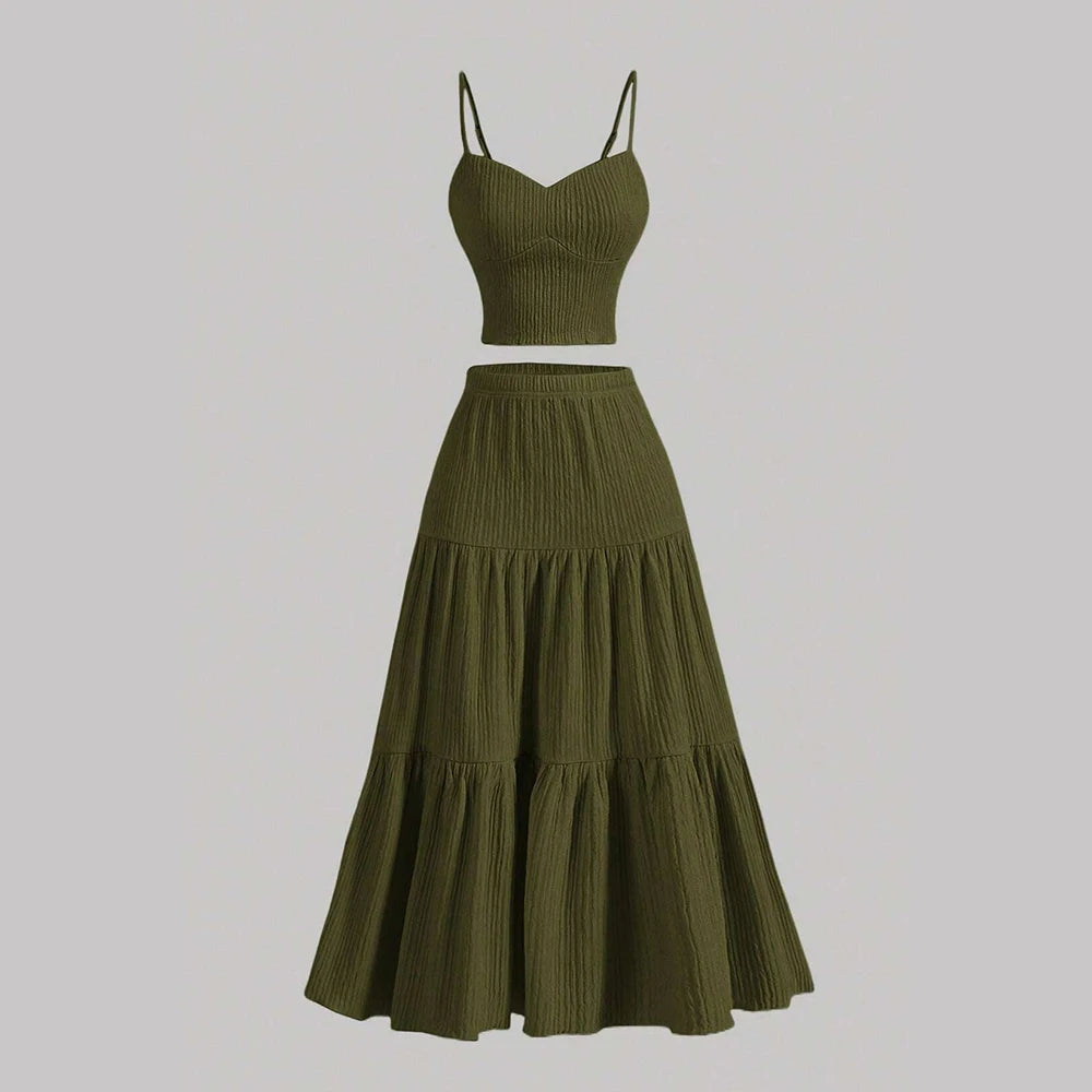 Sets Summer Simple Decent Solid Color Screw Thread Sleeveless Sweetheart Neck High Waist Pleated Skirt Sets For Women voguable