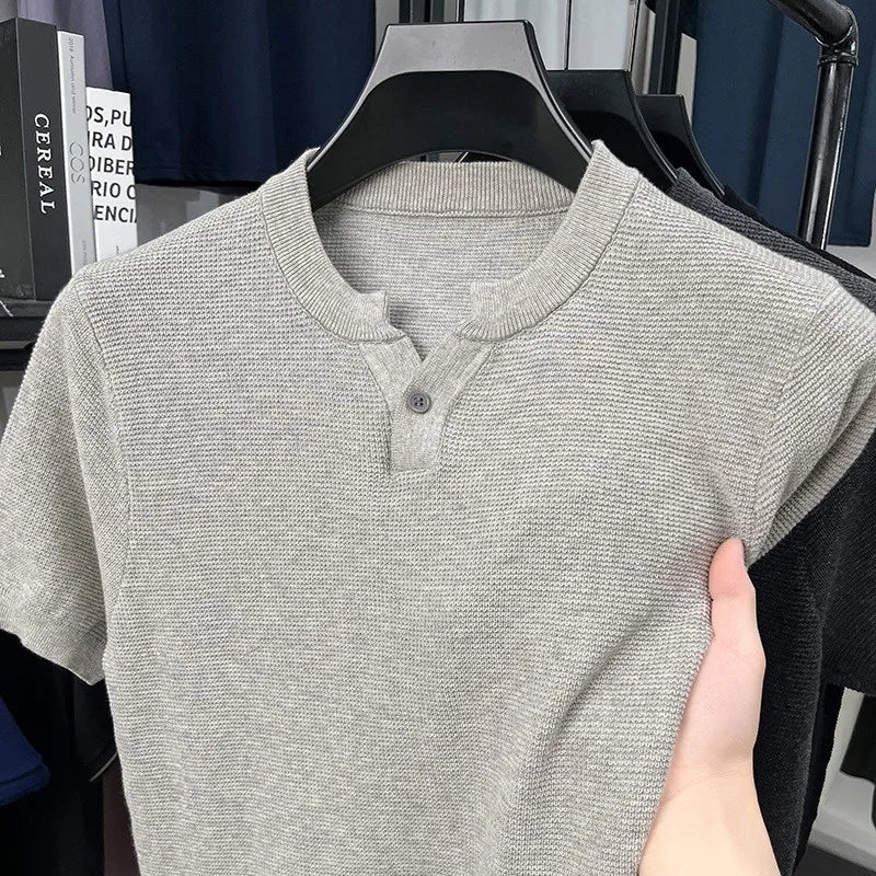 New Men Luxury Chinese O Collar T-Shirt Leisure Slim Button-down Solid Color Short Sleeve Tops Summer Breathable Basic Knitwear voguable