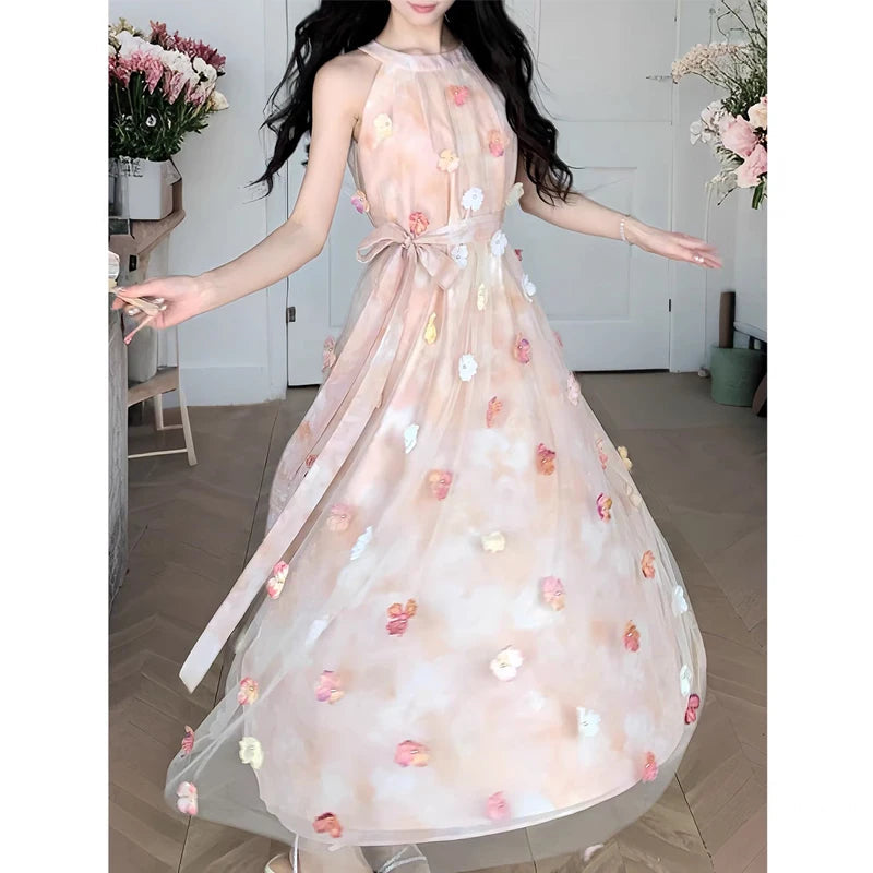 Voguable  Hanging Neck Fairy Dress For Women New Summer Sleeveless Floral Long Dress French Style Vacation Party Dress voguable