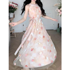 Voguable  Hanging Neck Fairy Dress For Women New Summer Sleeveless Floral Long Dress French Style Vacation Party Dress voguable