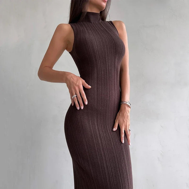 Voguable  Sexy Sleeveless Bodycon Long Elegant Dress Women Half High Collar Knitting Chic Slimming Dress Woman Medium Length Dresses voguable