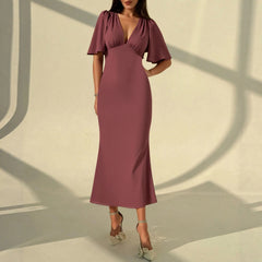 Dresses Summer French Elegant Decent Fashion 2025 Plain Sexy Short Sleeve V-Neck Midi Vacation Long Dresses voguable