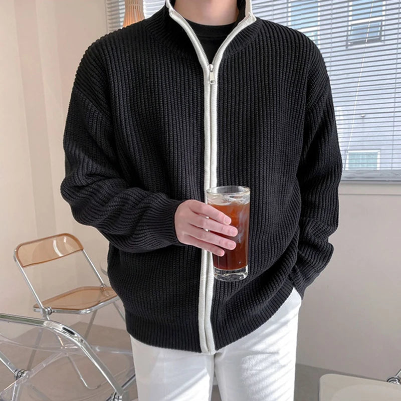 Winter Men's Luxury Knitted Zipper Cardigan Sweater Stand Collar Solid Color Long Sleeve Casual Streetwear Loose Coat voguable