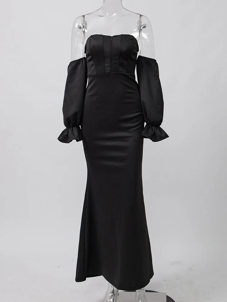 Voguable  Modern Evening Dress Strapless Lantern Sleeves Women's Evening Gowns Fish Tail Wrapped Hip Style Simple Formal Party Dresses voguable