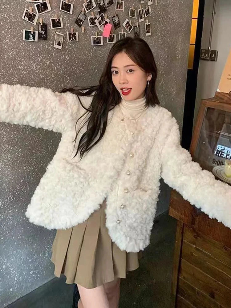 Women Sweet Cute Faux Lamb Coat Winter Warm Thick Slim Long Sleeve Vintage Jacket Korean O Neck Elegant Pearls Buttons Tops New voguable