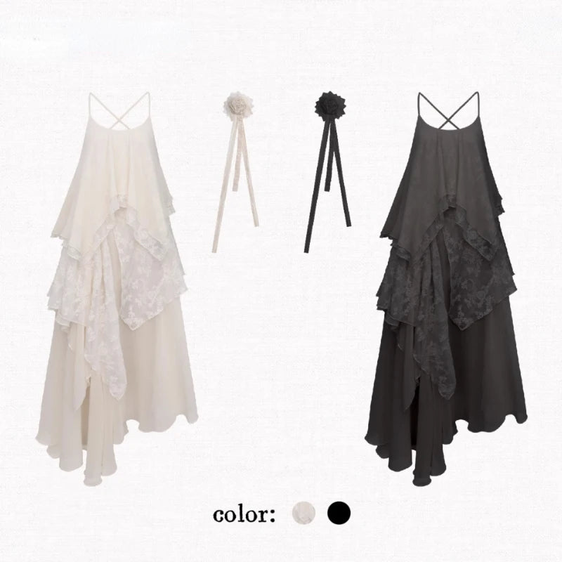 Voguable  2024 Summer French Vintage Midi Dress Women Y2k Lace Patchwork Elegant Beach Style Strap Dress Female Korea Fashion Chic Clothes voguable